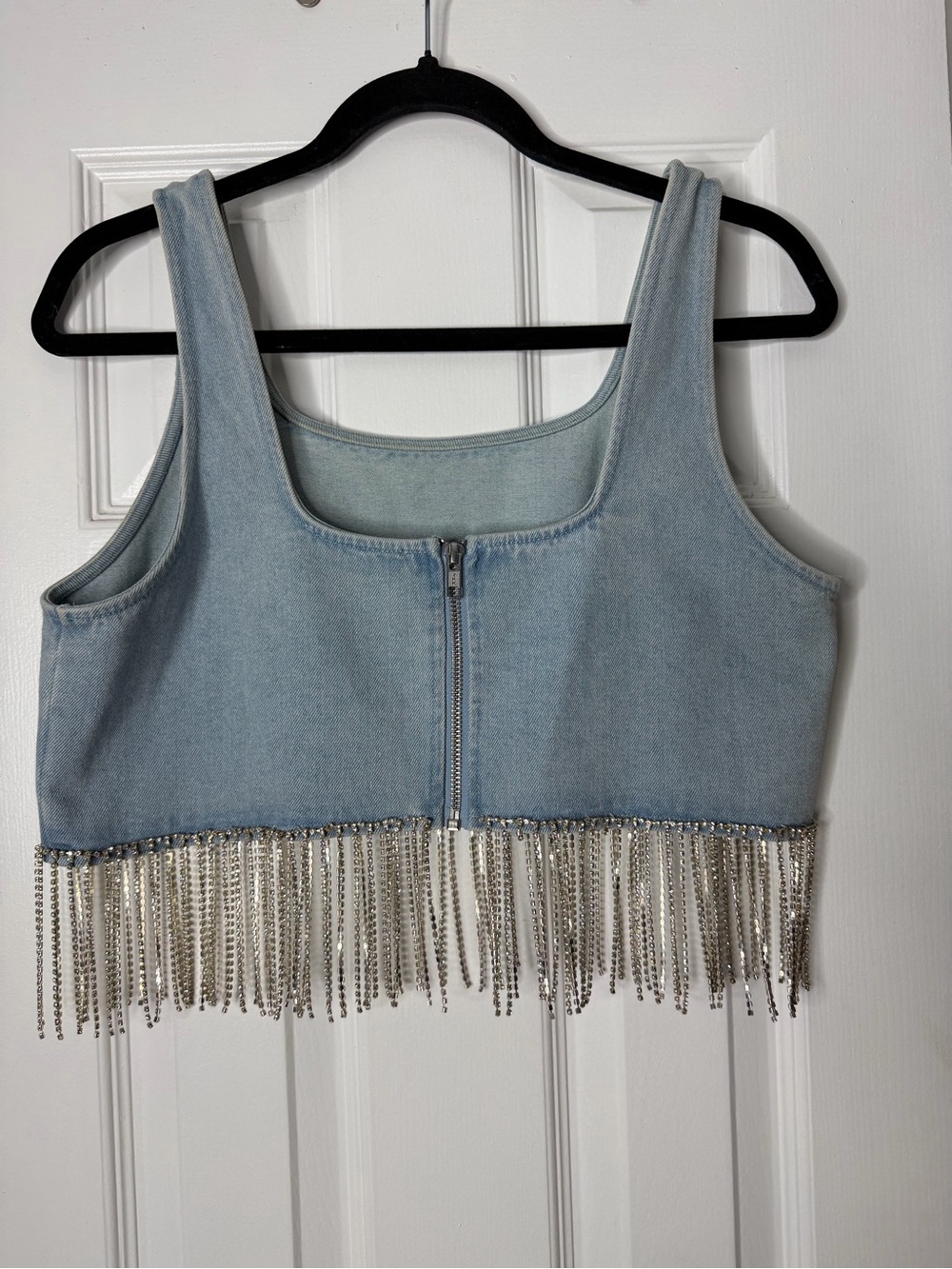 Blue B. Denim Crop Top with Silver Beaded Fringe
